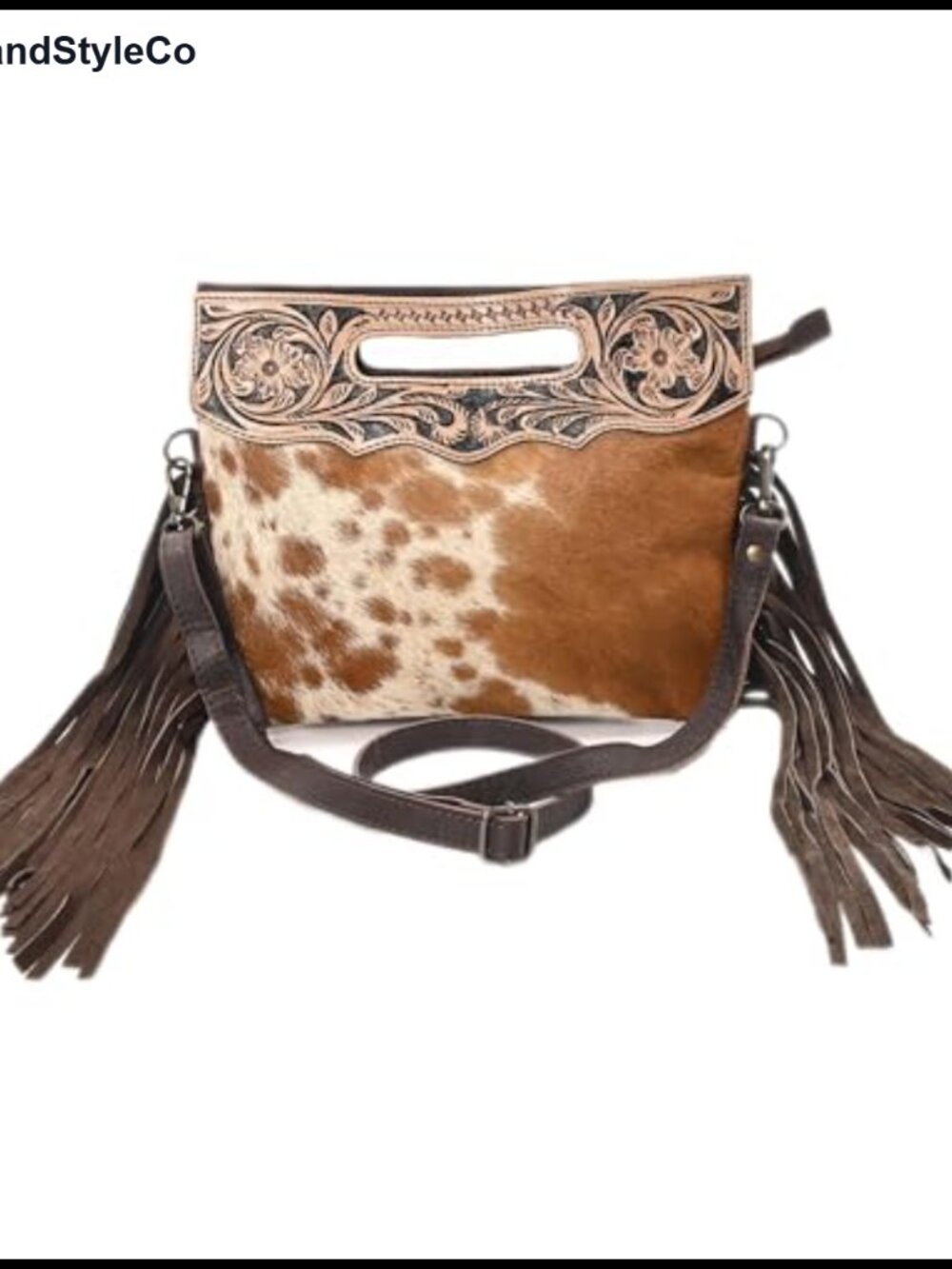 Genuine Cowhide Leather Crossbody Sling Bag Hand-Tooled Floral Fringe